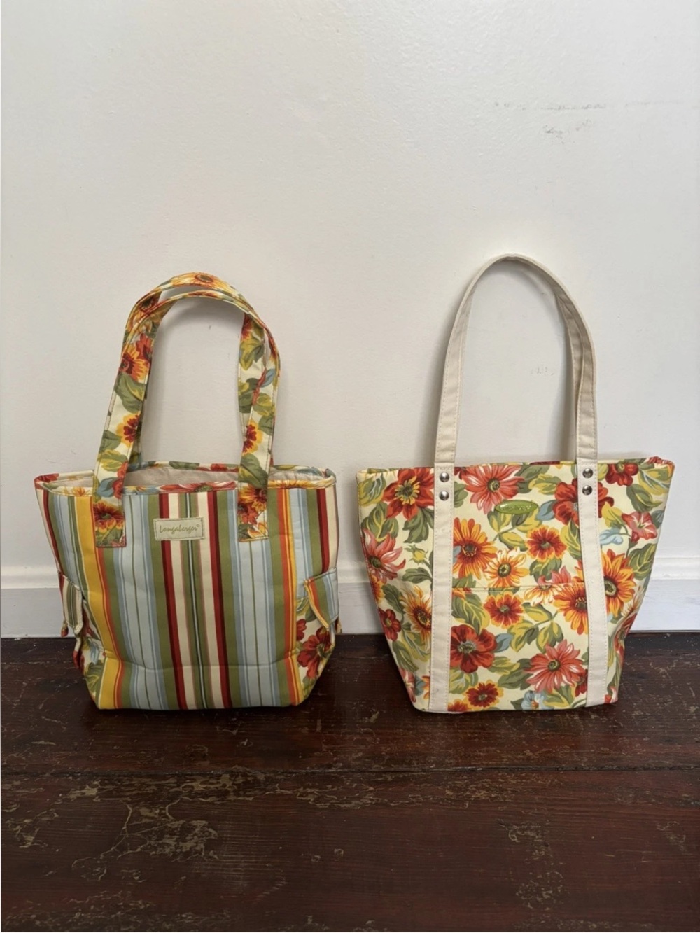 Longaberger 2 Homestead Sunflower & Stripe Small Totes